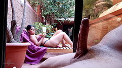 My stepson takes out his big cock on the terrace, gets excited looking at me behind the window and showing his erection to the neighbors. My nipples are very hard and I'_m not wearing a bra. Thumb